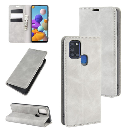 For Galaxy A21s Retro-skin Business Magnetic Suction Leather Case with Holder & Card Slots & Wallet