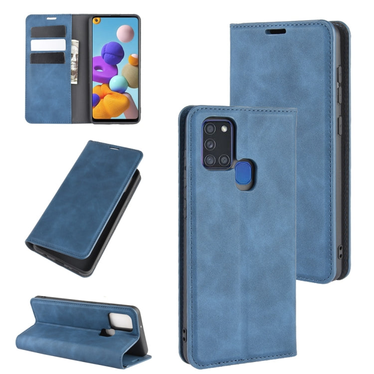 For Galaxy A21s Retro-skin Business Magnetic Suction Leather Case with Holder & Card Slots & Wallet