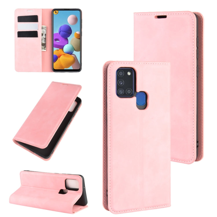 For Galaxy A21s Retro-skin Business Magnetic Suction Leather Case with Holder & Card Slots & Wallet