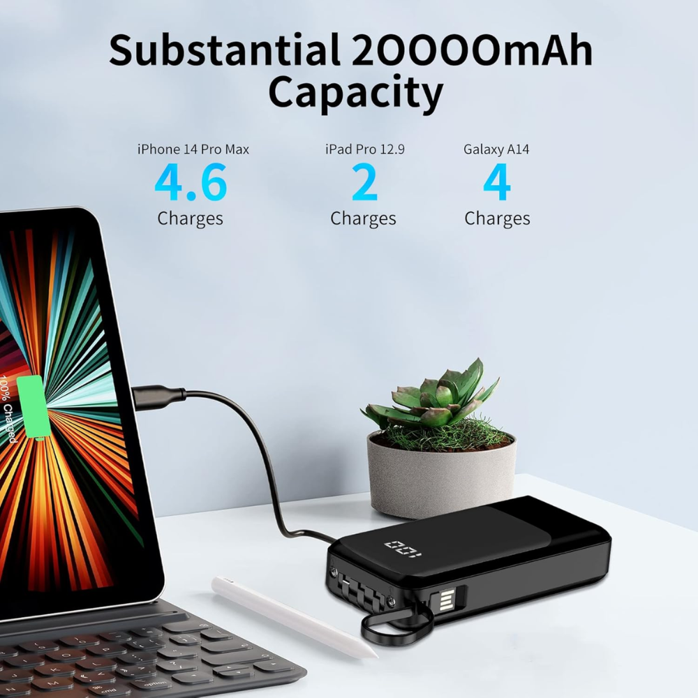 20000mAh Portable Power Bank with 4 Built-in Cables and 6 Outputs for iPhone/Samsung